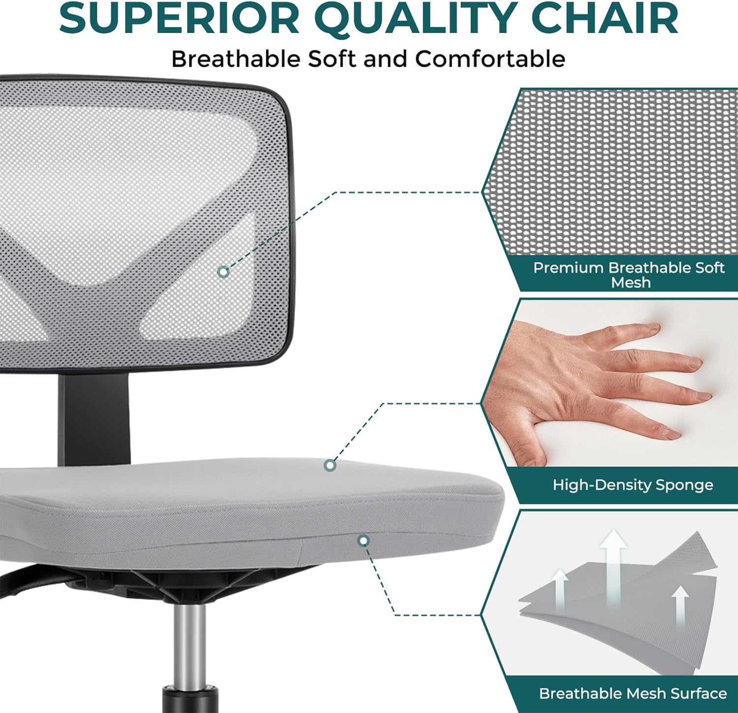 Small Office Chairs with Wheels, Ergonomic Adjustable Home Desk Swivel Rolling Task Chair No Arms, Comfy Mesh Mid Back Computer Work Vanity Desk Chairs for Small Spaces, New Grey