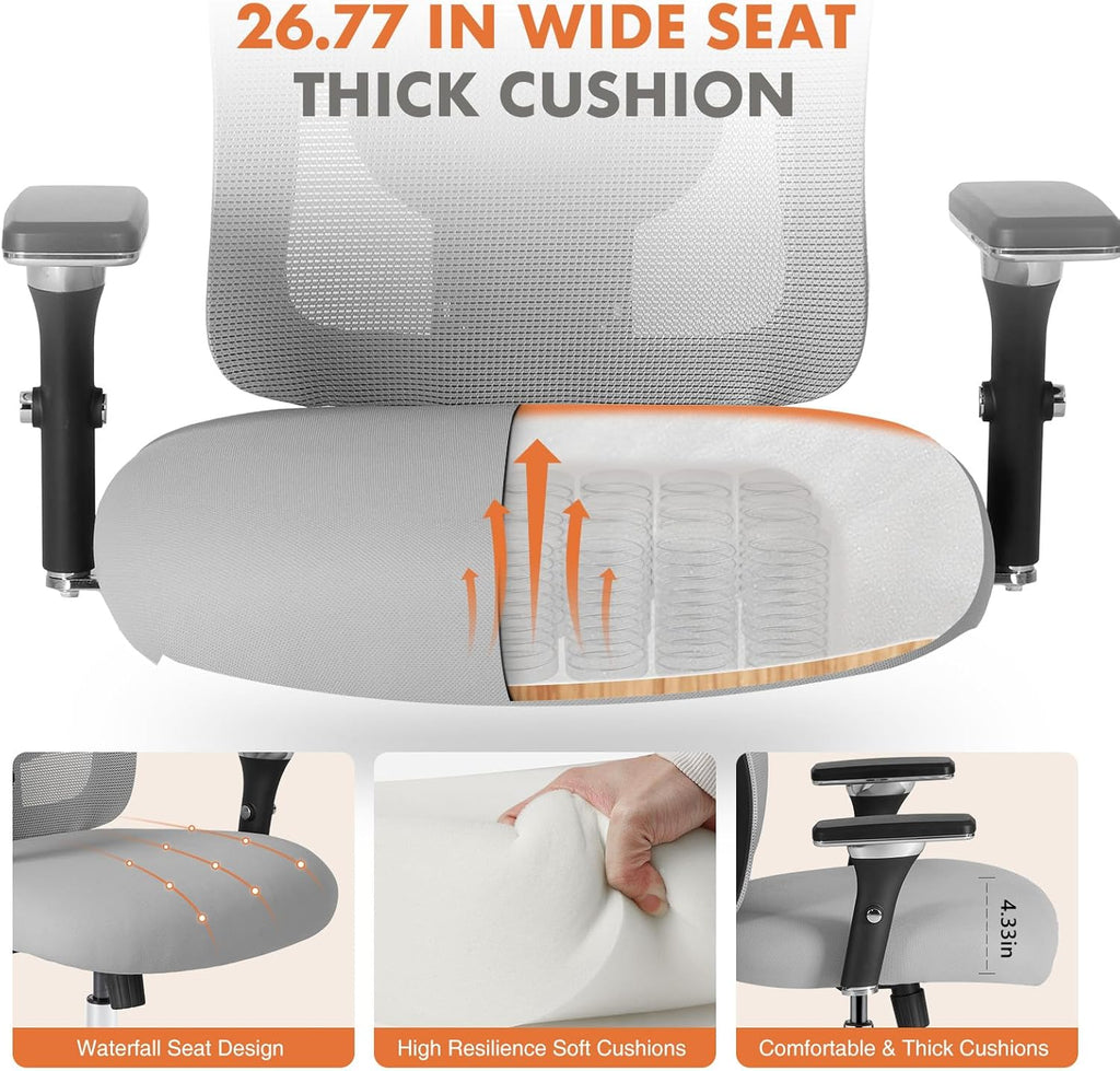 Big and Tall Office Desk Chair with Lumbar Support, 500lbs Heavy Duty Mesh Ergonomic Computer Chair with 4D Armrest and Wide Comfy Seat, Wheels for Adult, Grey