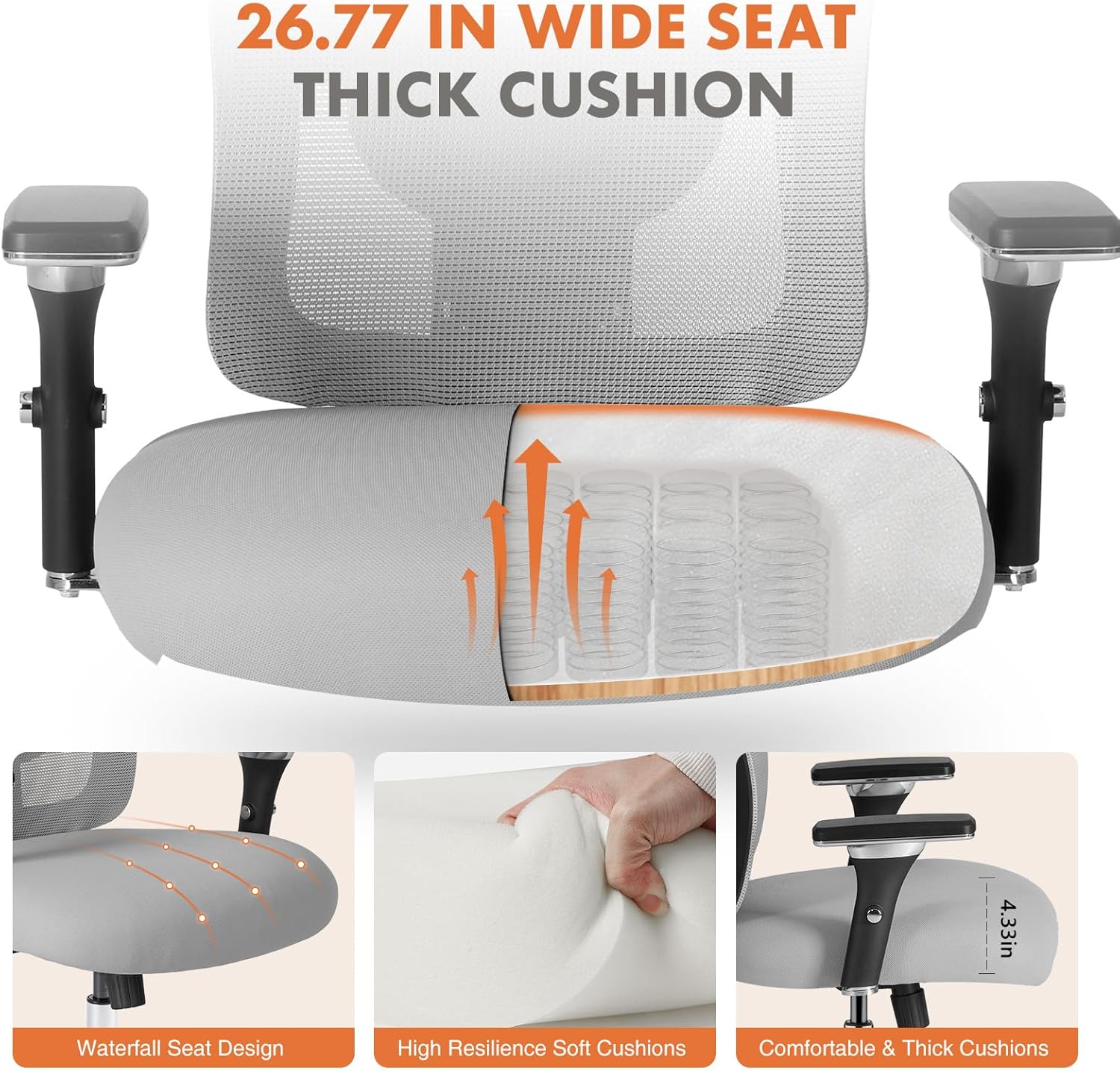 Big and Tall Office Desk Chair with Lumbar Support, 500lbs Heavy Duty Mesh Ergonomic Computer Chair with 4D Armrest and Wide Comfy Seat, Wheels for Adult, Grey