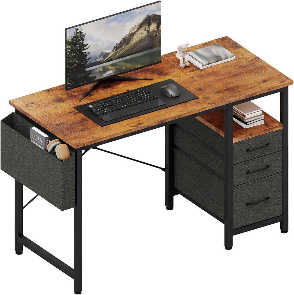 Computer Desk with Storage, Small Home Office Desk with 3 Fabric Drawers & Side Pocket, Space Saving Writing Desk for Apartment, Dorm, Gaming Workstation, 39 White