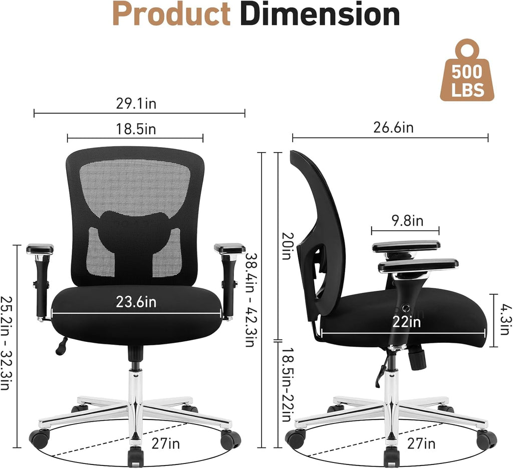 Ergonomic Home Office Desk Chair - Heavy Duty Mid Back with Lumbar Support & 4D Armrest, Height Adjustable Mesh Computer Gaming with Backrest & Swivel Wheels, Dark