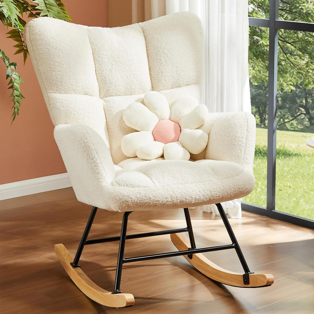 Nursery Rocking Chair Teddy Upholstered, Comfy Glider Rocker with High Backrest Armchair Padded Seat, Accent Side Chair for Living Room Bedroom Offices Small Spaces Indoor, Pink
