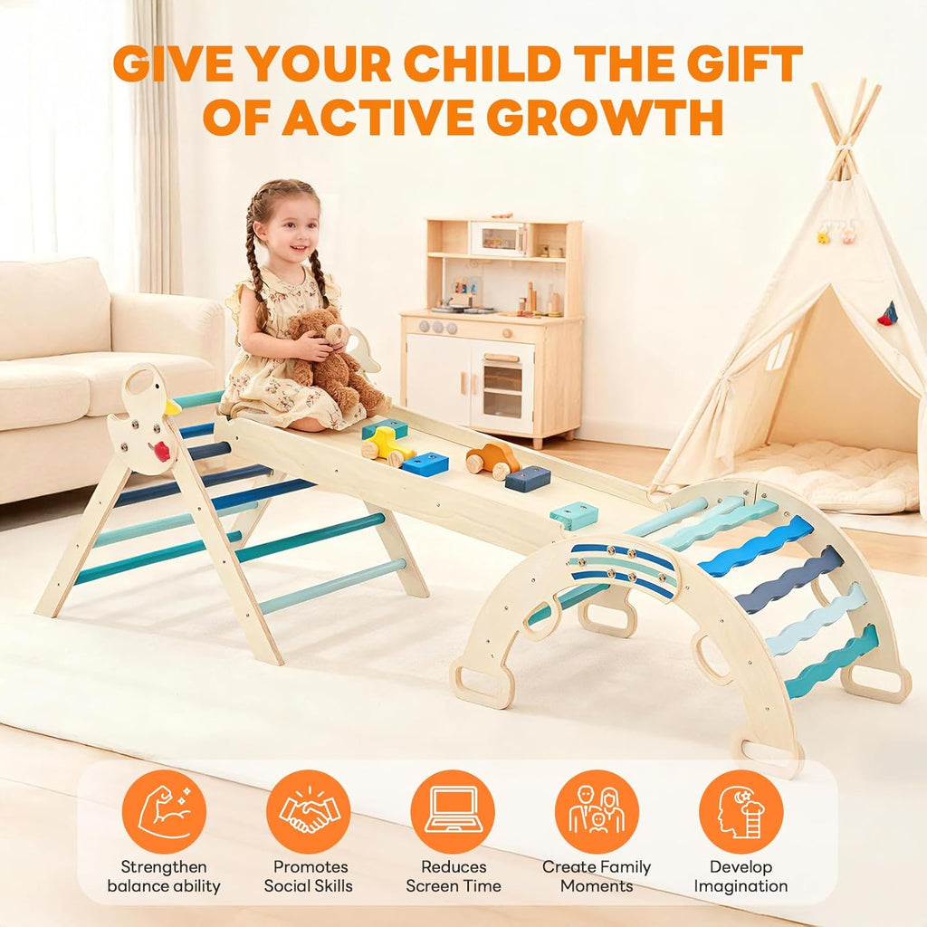 Pikler Triangle Set, Toddler Climbing Toys and Play Structure Indoor, 9-in-1 Wooden Montessori Climbing Set with Arch, Ramp and Ladder, Foldable Baby Jungle Gym