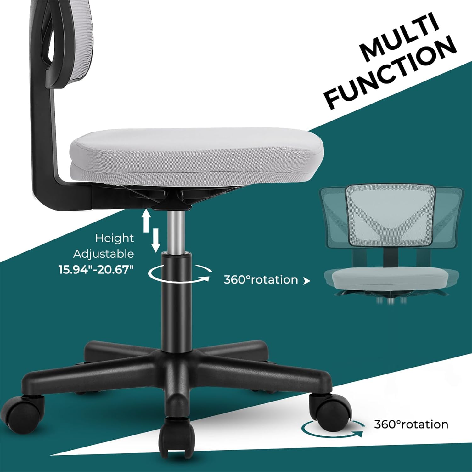 Small Office Chairs with Wheels, Ergonomic Adjustable Home Desk Swivel Rolling Task Chair No Arms, Comfy Mesh Mid Back Computer Work Vanity Desk Chairs for Small Spaces, New Grey