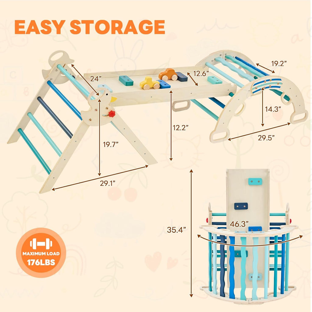 Pikler Triangle Set, Toddler Climbing Toys and Play Structure Indoor, 9-in-1 Wooden Montessori Climbing Set with Arch, Ramp and Ladder, Foldable Baby Jungle Gym