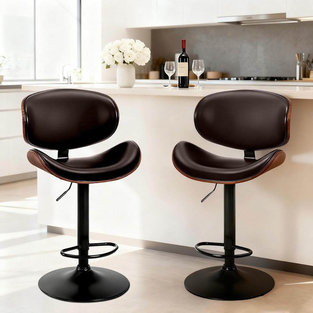 Swivel Bar Stools Set of 2, Adjustable Counter Height Bentwood BarStools, PU Leather Upholstery Bar Chair with Ergonomic Back and Footrest, Counter Stools for Bar, Home Kitchen Island, Brown