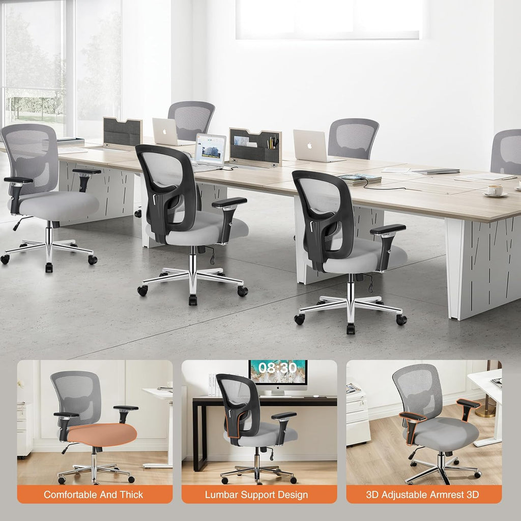 Big and Tall Office Desk Chair with Lumbar Support, 500lbs Heavy Duty Mesh Ergonomic Computer Chair with 4D Armrest and Wide Comfy Seat, Wheels for Adult, Grey