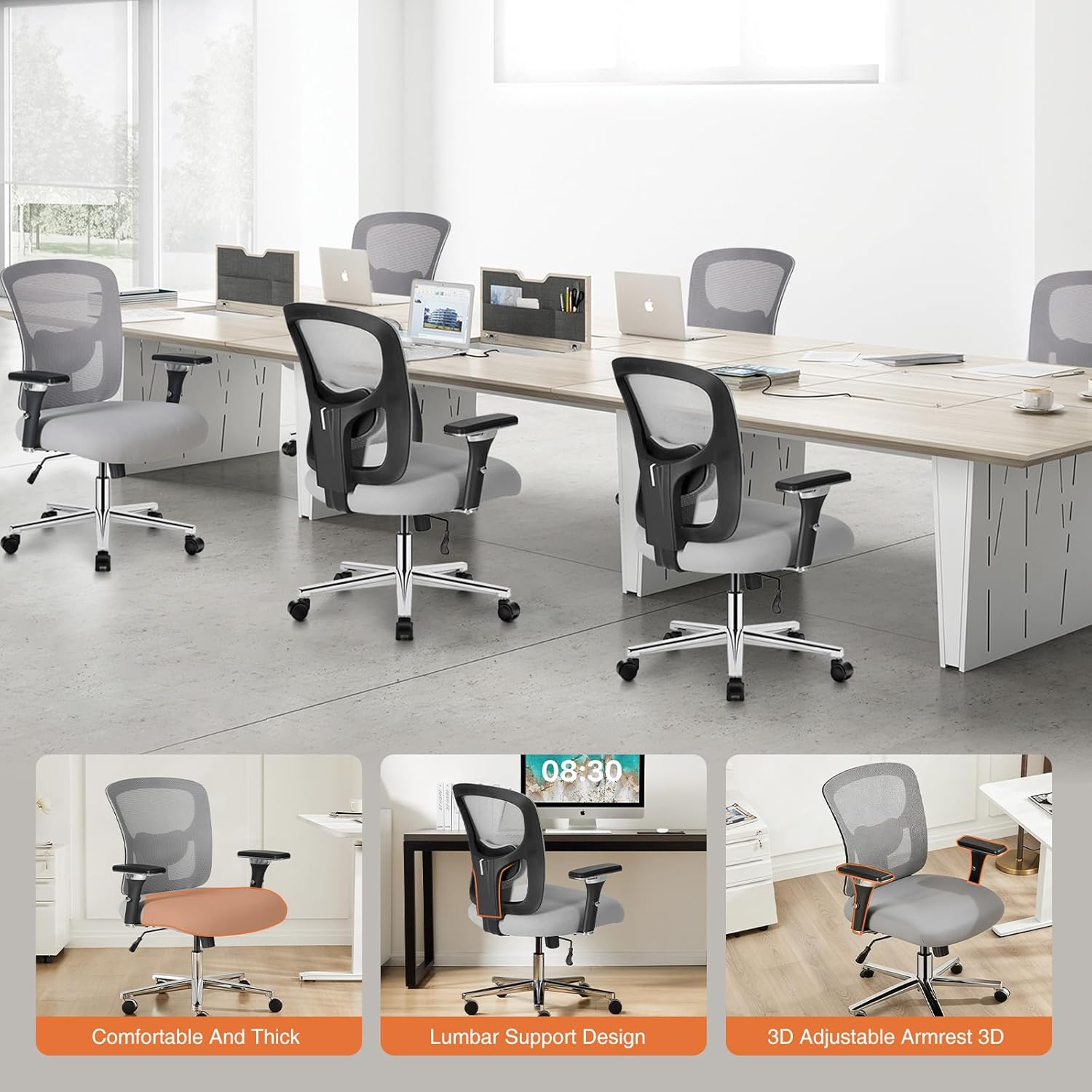 Big and Tall Office Desk Chair with Lumbar Support, 500lbs Heavy Duty Mesh Ergonomic Computer Chair with 4D Armrest and Wide Comfy Seat, Wheels for Adult, Grey