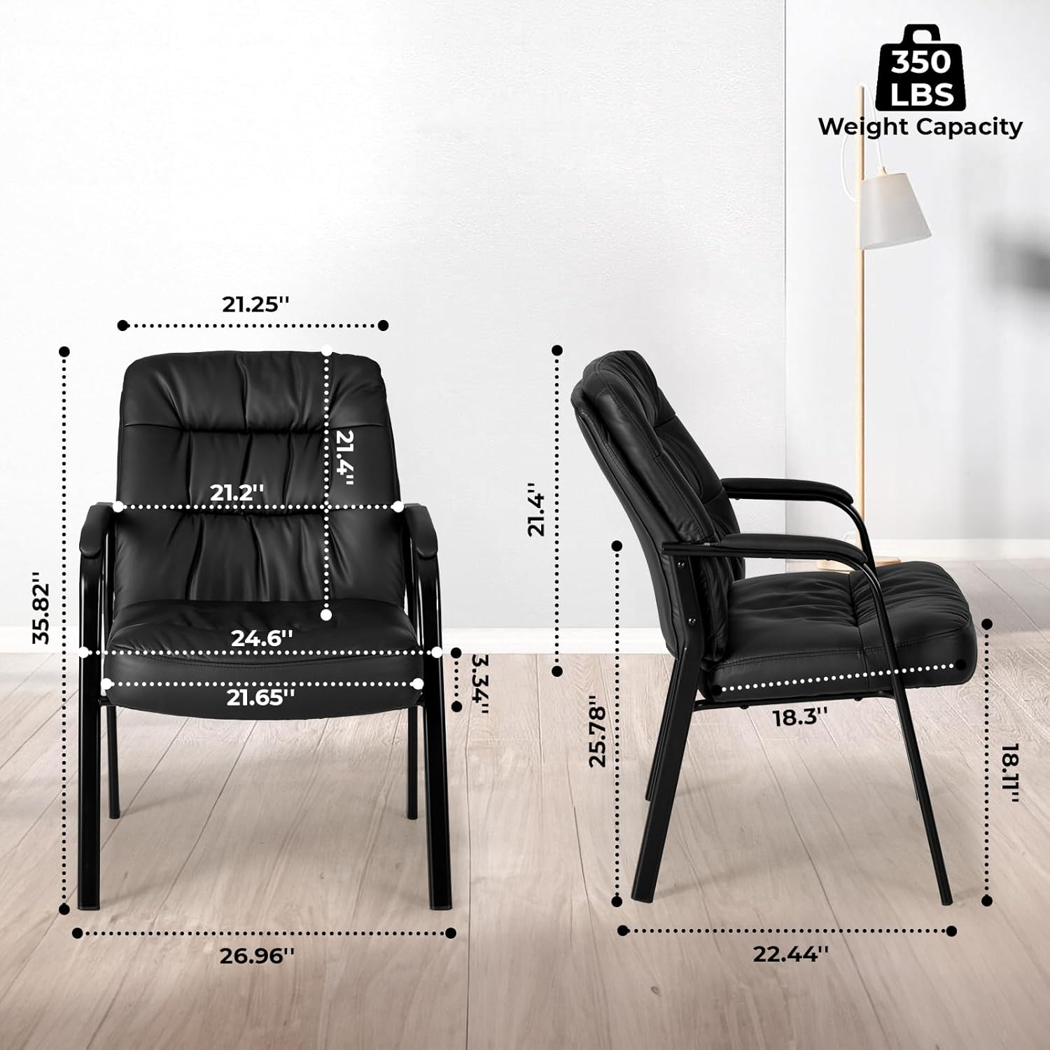 Waiting Room Guest Chair Set of 6, Leather Ergonomic Office Desk Reception Chair No Wheels with Padded Armrest for Conference Lobby Medical Waiting Area Bedroom, Black