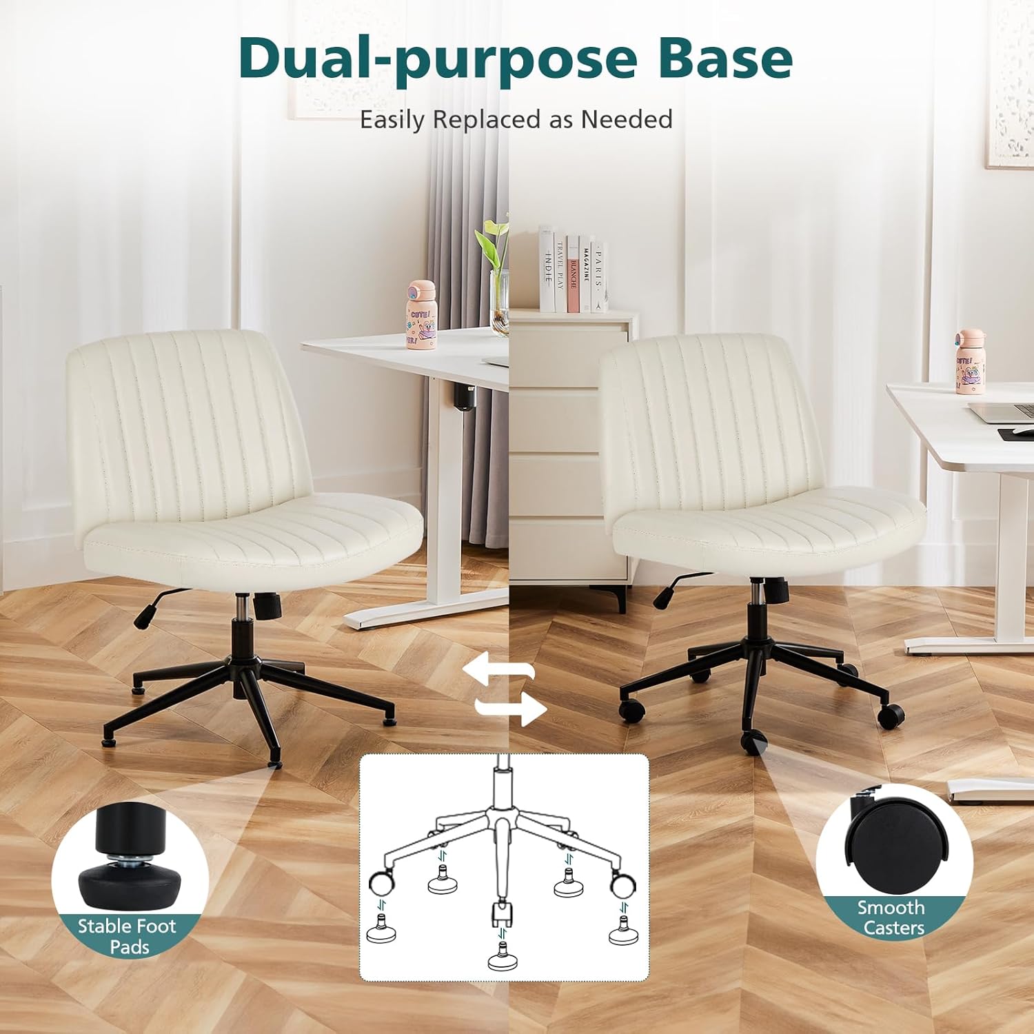 Criss Cross Legged Chairs Armless with Wheels Wide Seat Height Adjustable Swivel Padded PU Leather Home Office Desk Seating for Bedroom, Student, Study Room