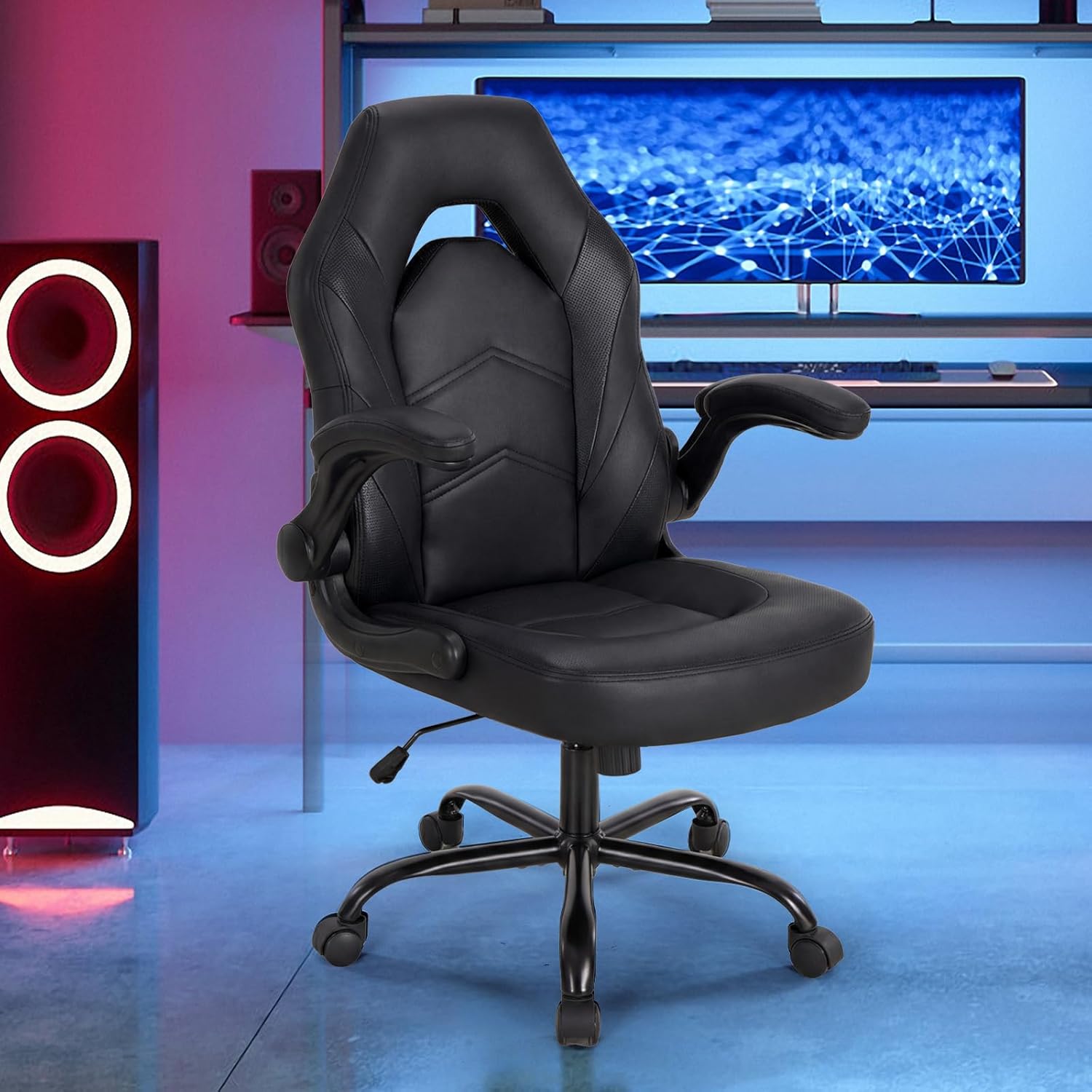 Ergonomic Computer Gaming Chair - Home Office Desk with PU Leather Lumbar Support, Height Adjustable Big and Tall Video Game with Flip-up Armrest, Swivel Wheels for Adults, Black