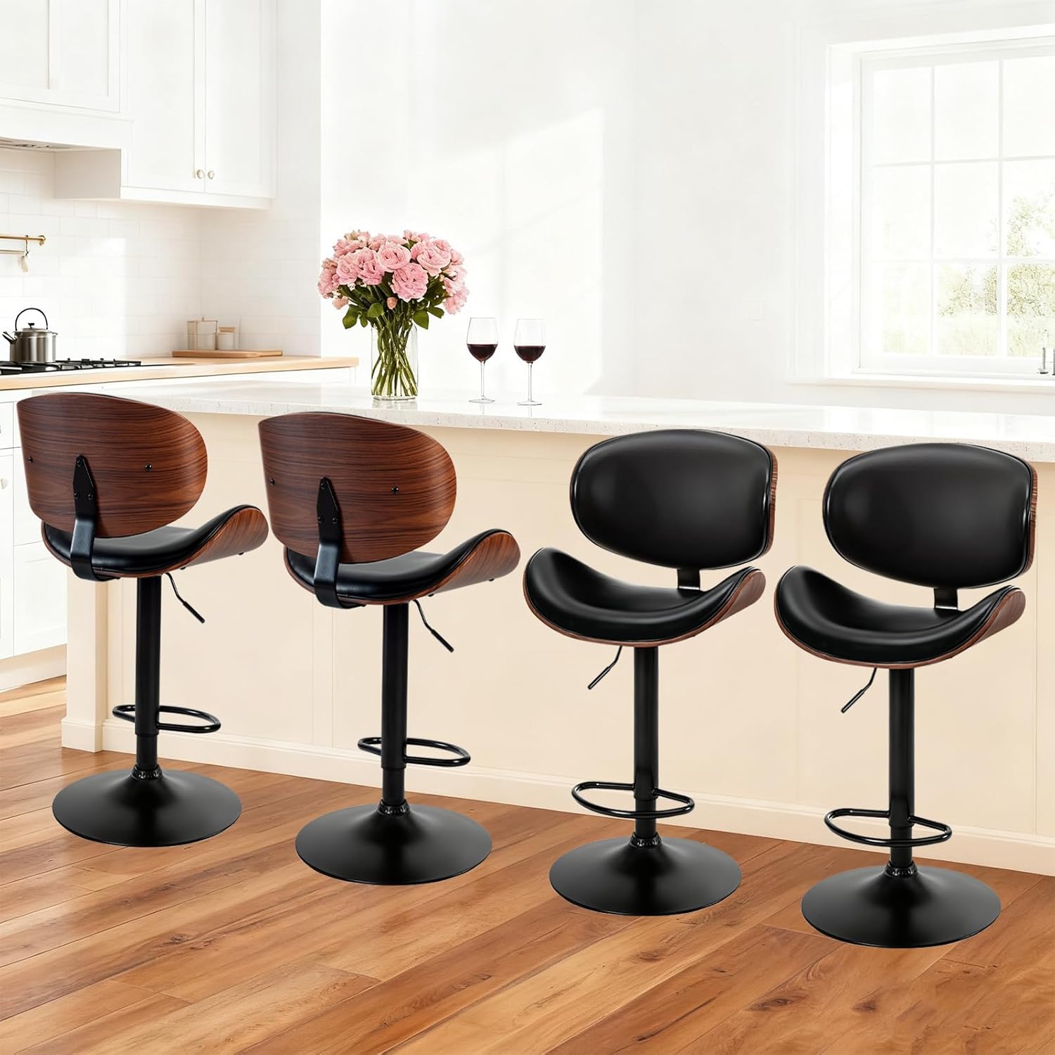 Swivel Bar Stools Set of 2, Adjustable Counter Height Bentwood BarStools, PU Leather Upholstery Bar Chair with Ergonomic Back and Footrest, Counter Stools for Bar, Home Kitchen Island, Brown