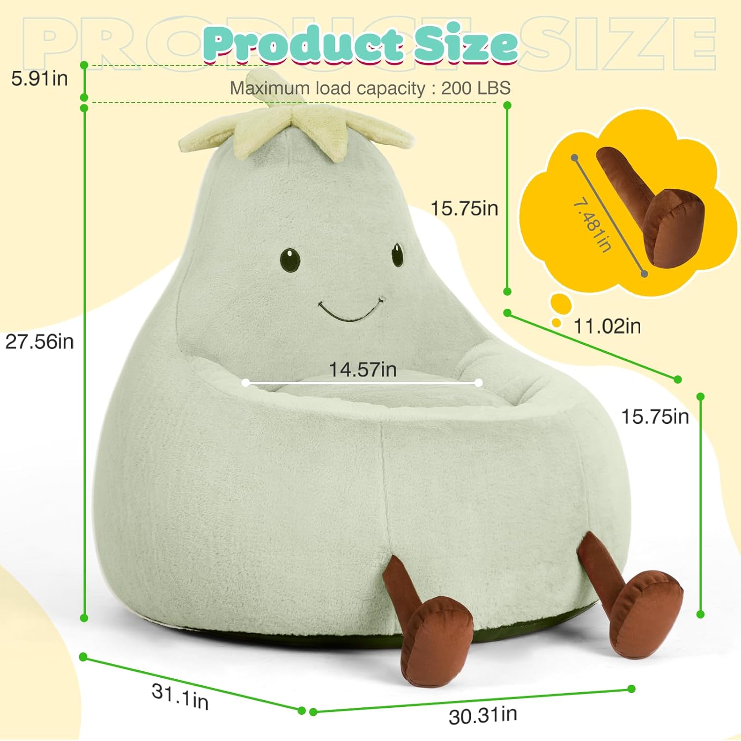 Kids Bean Bag Chair, Stuffed Toddler Couch with Faux Rabbit Fur Cover for Teens & Kids, Comfy Lazy Sofa Chair for Reader, Living Room, Bedroom, Aged 4-12 Years, 31 Inch, Green
