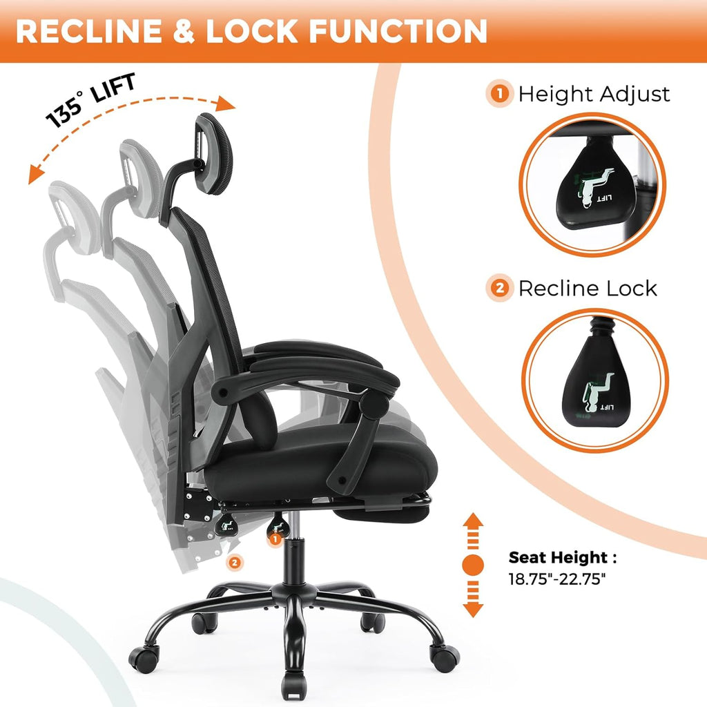 Office Computer Desk Chair, Ergonomic High-Back Mesh Rolling Work Swivel Chairs with Wheels, Comfortable Lumbar Support, Comfy Arms for Home, Bedroom, Study, Student, Black