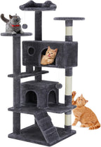 Small 44 Inch Cat Tree Tower, Cat Climbing Tower with Natural Sisal Scratching Posts, Hammock, Pet Condo for Indoor Cats and Kittens Play, Dark Grey