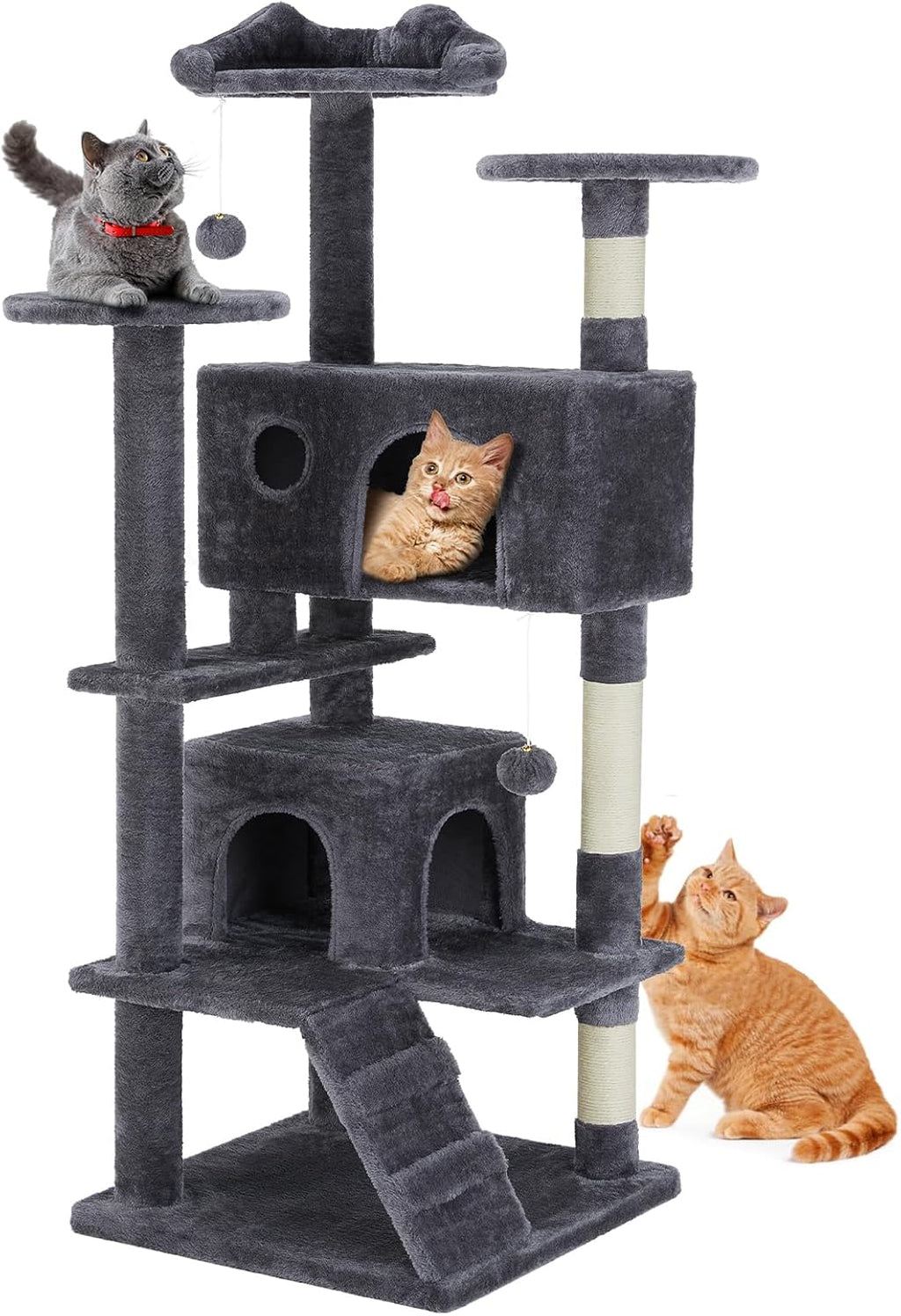 54-inch Indoor Cat Tree Tower ?CMulti-Level Pet House for Large Cats with 2 Condos, Scratching Posts, Round Platform, Small Ladder, and Toys, Beige