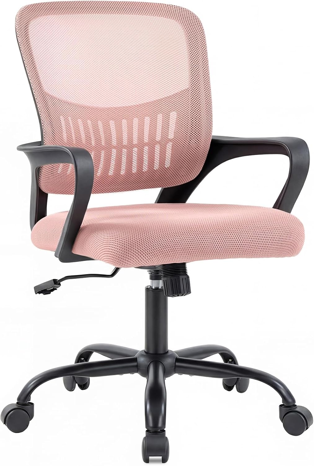 Home Office Chair - Ergonomic Mid Back Mesh Desk Chair with Lumbar Support & Rocking Mode, Height Adjustable with Fixed Armrest, for Conference, Computer, 360?? Swivel, Adults, Pink