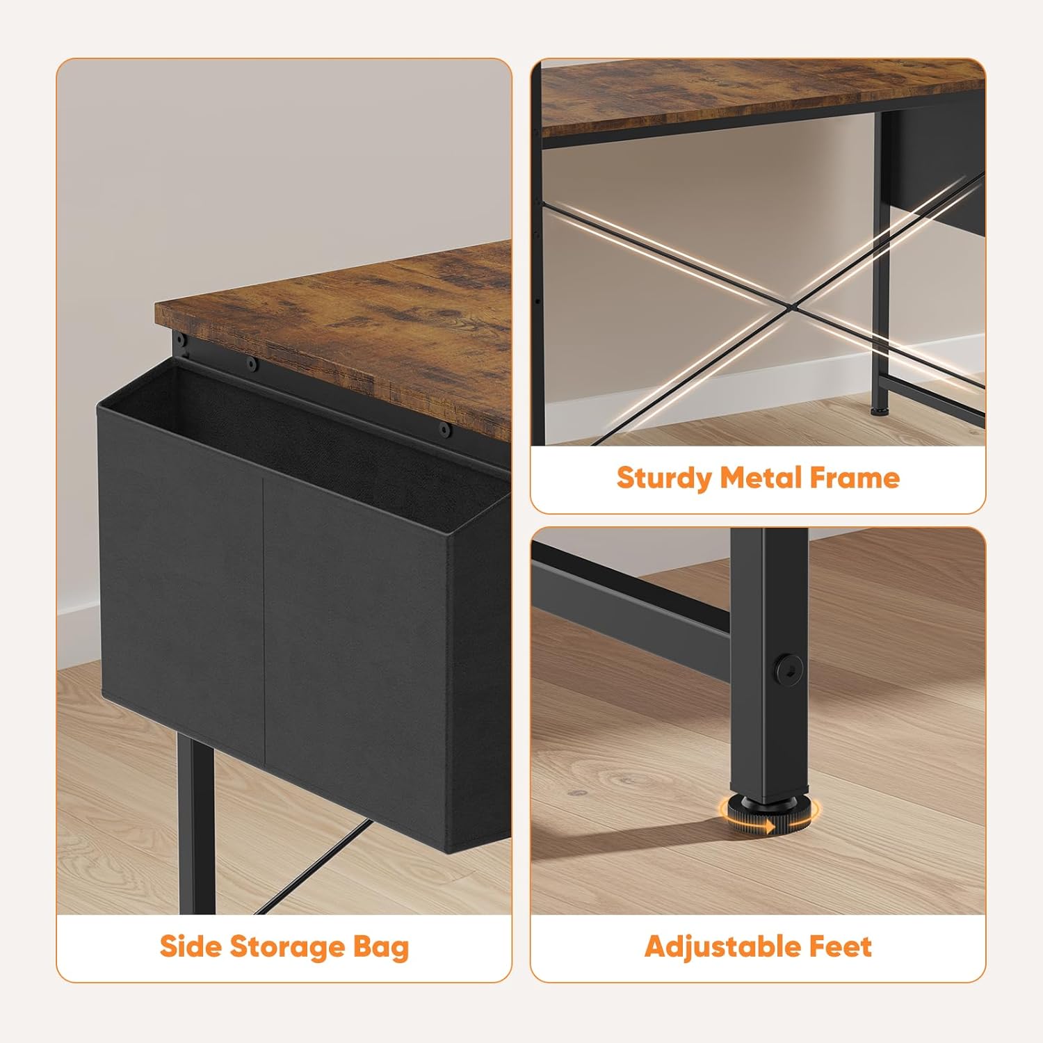 L Shaped Desk Corner Computer Table 47 Inch, L-Shaped Gaming Desks with Storage Shelf Reversible, Wood Tables with Side Bag Adjustable Feet for 2 Monitors Small Space Home Office Bedroom, Brown