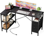 L Shaped Desk with Shelf Drawers 47 Inch, Black Corner Computer Desks Gaming with Power Outlet, Study Table with Adjustable Shelves, Home Office Tables for Bedroom Teacher Reading Writing