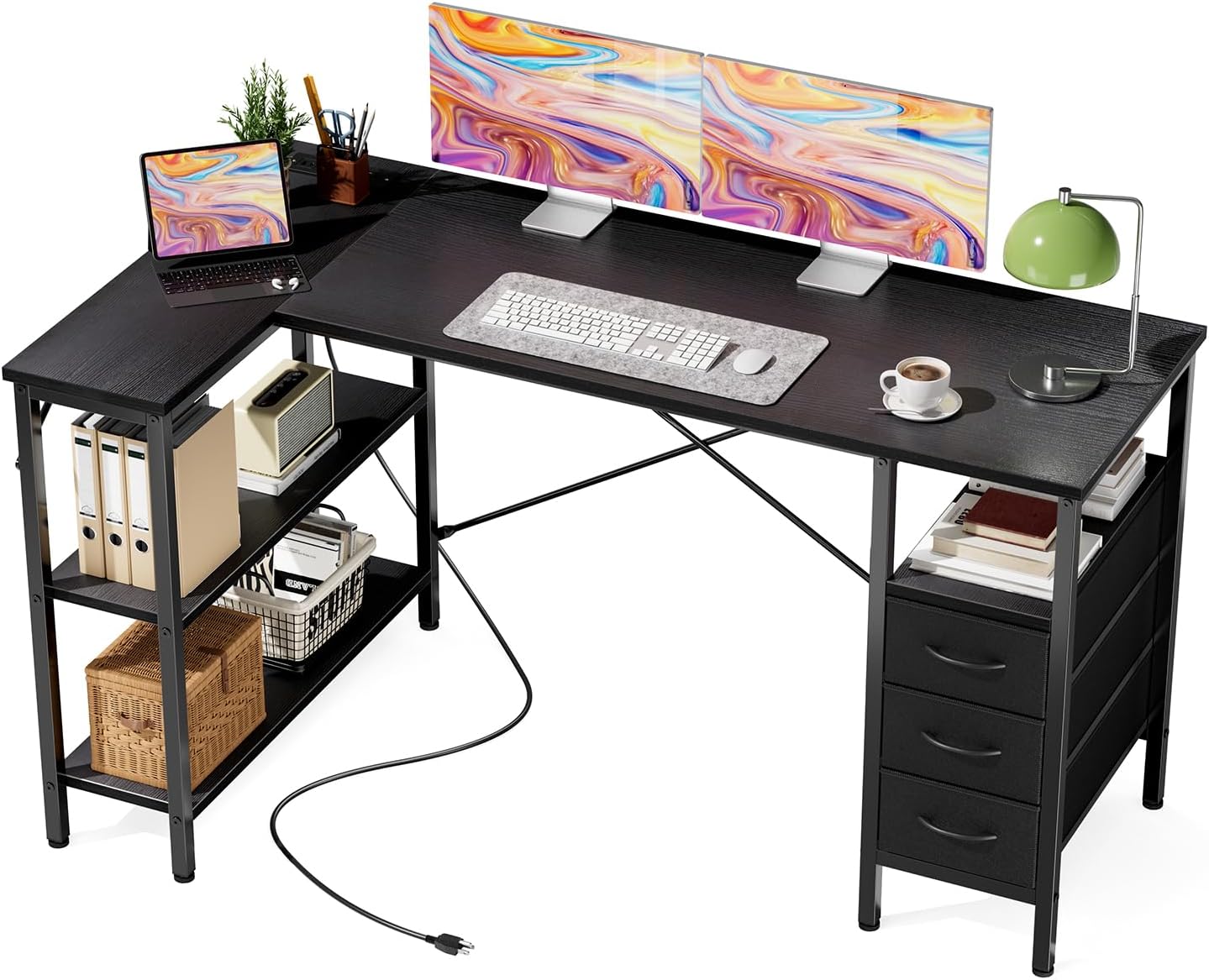 L Shaped Desk with Shelf Drawers 47 Inch, Black Corner Computer Desks Gaming with Power Outlet, Study Table with Adjustable Shelves, Home Office Tables for Bedroom Teacher Reading Writing