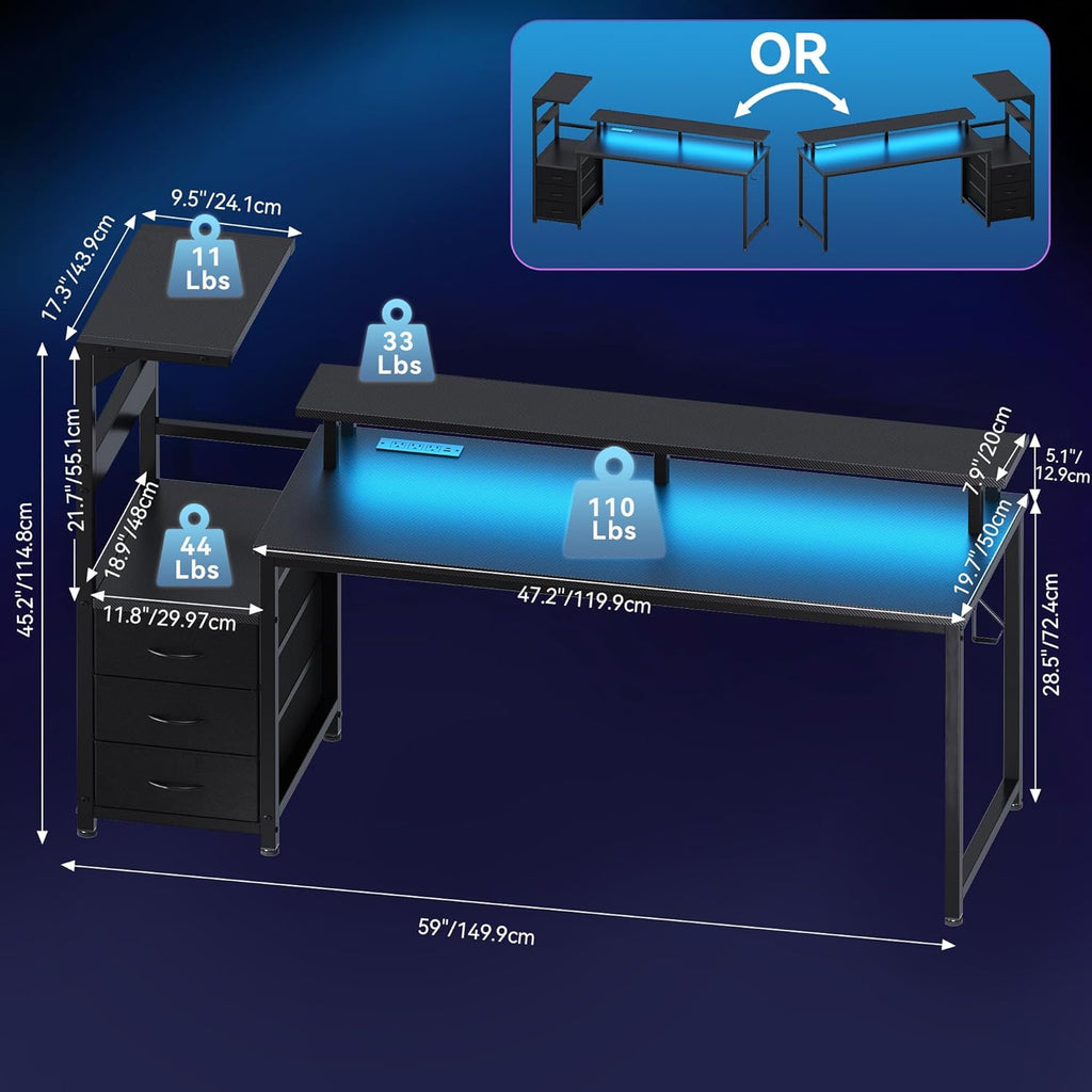L Shaped Gaming Desk with Shelves Storage Drawers 58'', Black Computer Desks with LED Lights Power Outlets, Office Wood Table with PC Stand Cable Management for Bedroom Dual Monitor Streaming