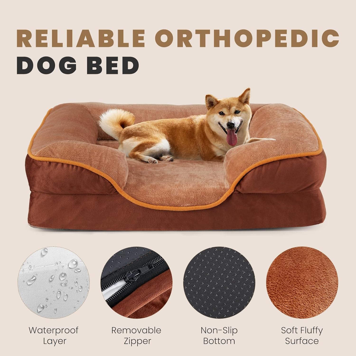 35x25 Inch Orthopedic Dog Beds for Large Sized Dogs, Machine Washable Cover Pet Bed, Anti-Slip Waterproof Memory Foam Couch Bed for Indoor Dogs and Cats, Brown
