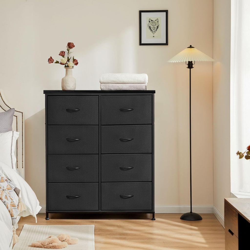 8 Drawer Dresser for Bedroom, Fabric Storage Organizer with Sturdy Metal Frame, Wooden Top Chest of Drawers for Closet Entryway Guest Room,Matte Black