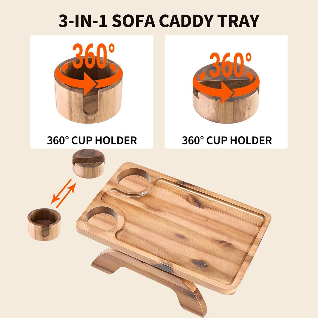 Couch Arm Tray, 3 in 1 Clip on Sofa Arm Tray with 360?? Rotating Phone Holder, Foldable Couch Armrest Table for Drinks & Snacks, Brown
