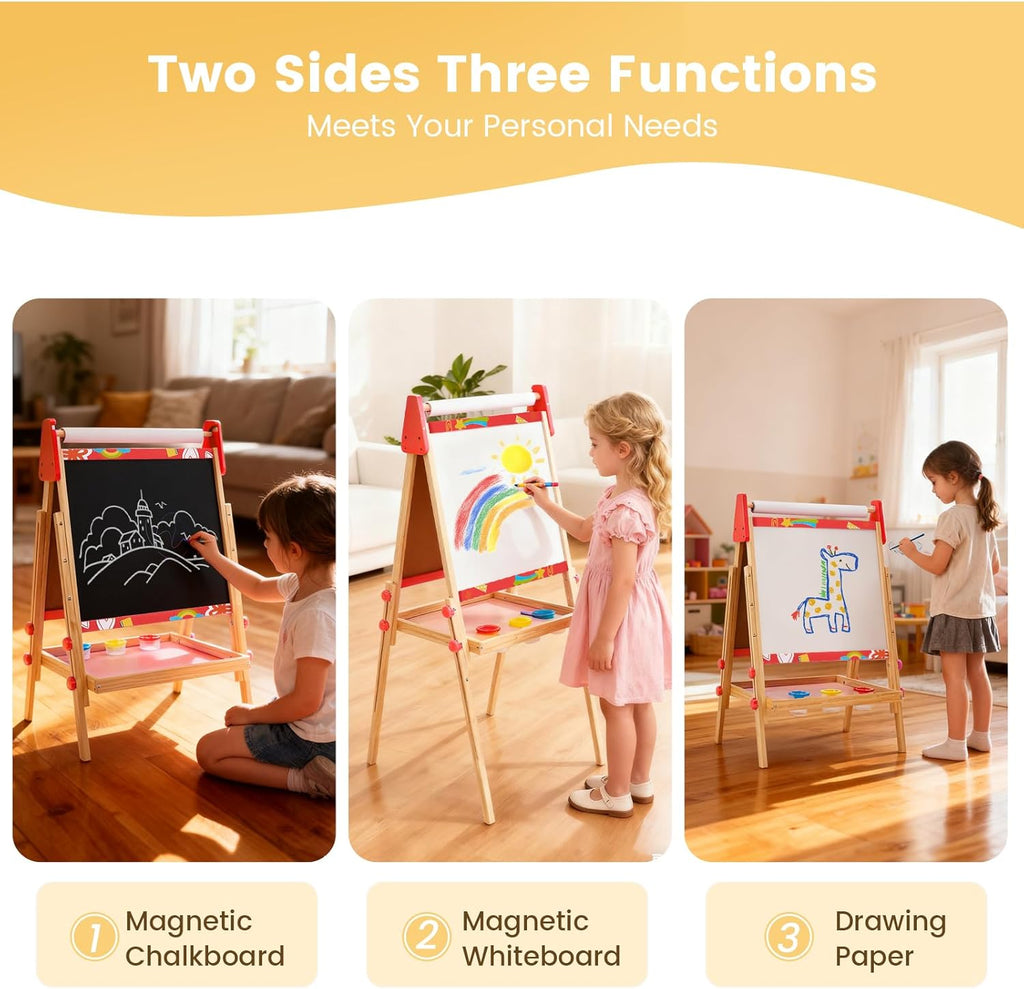 Kids Easel Set with Paper Roll, Adjustable Height Double-Sided Magnetic Chalkboard & Whiteboard Art Station for Ages 3+, Dry Erase Board, Gift for Girls and Boys, Red