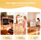 Kids Easel Set with Paper Roll, Adjustable Height Double-Sided Magnetic Chalkboard & Whiteboard Art Station for Ages 3+, Dry Erase Board, Gift for Girls and Boys, Red