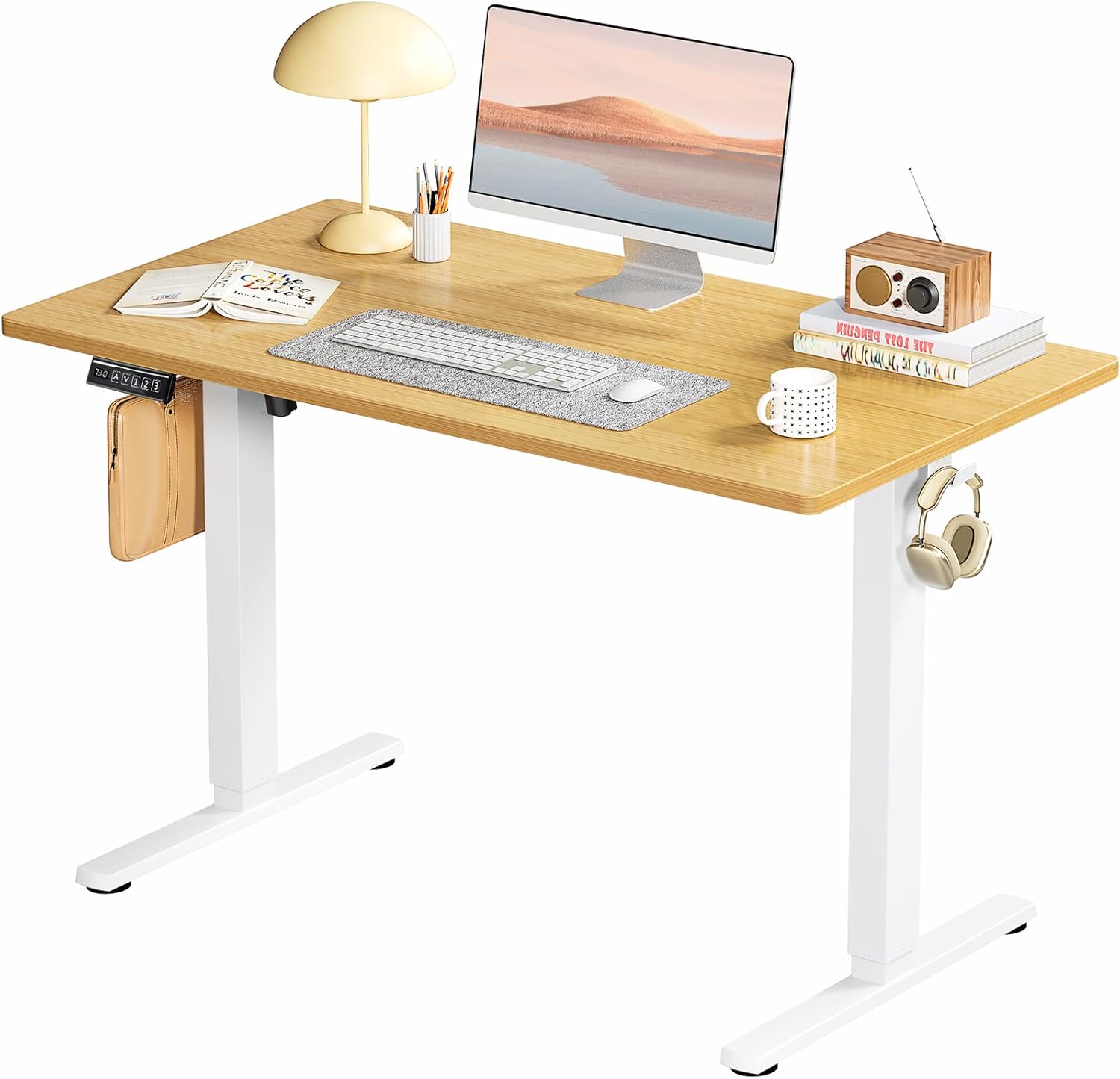 Electric Standing Desk Adjustable Height, 40x24 Inch Sit Stand Up Home Office Desks Memory Computer Workstation PC Work Table with Preset Splice Wood Board Metal Frame, Oak