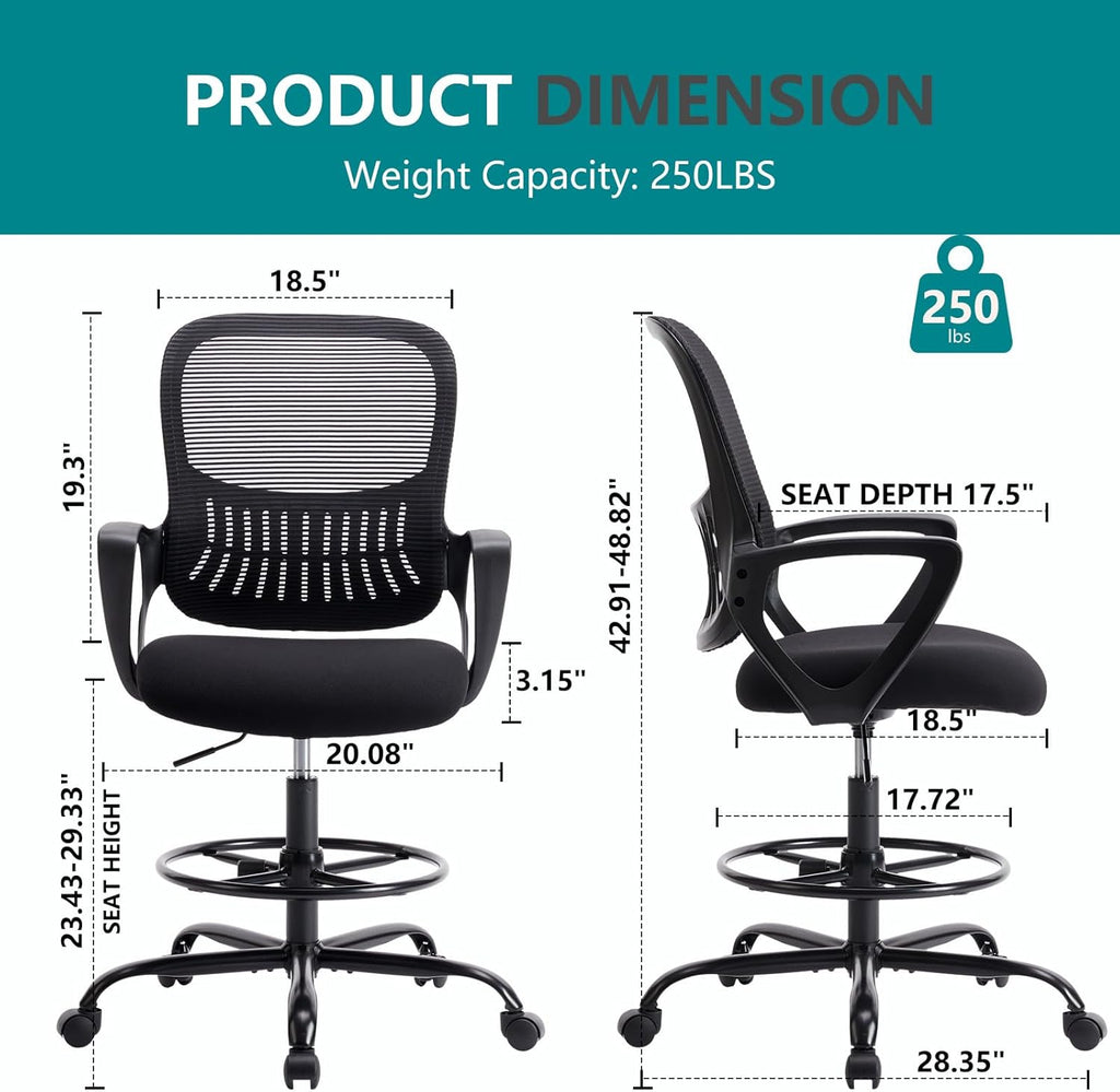 Drafting Chair - Counter Height Adjustable Tall Office Desk Chair with Fixed Armrests and Comfortable Lumbar Support for Standing Desk, Deep Black