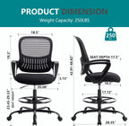 Drafting Chair - Counter Height Adjustable Tall Office Desk Chair with Fixed Armrests and Comfortable Lumbar Support for Standing Desk, Deep Black