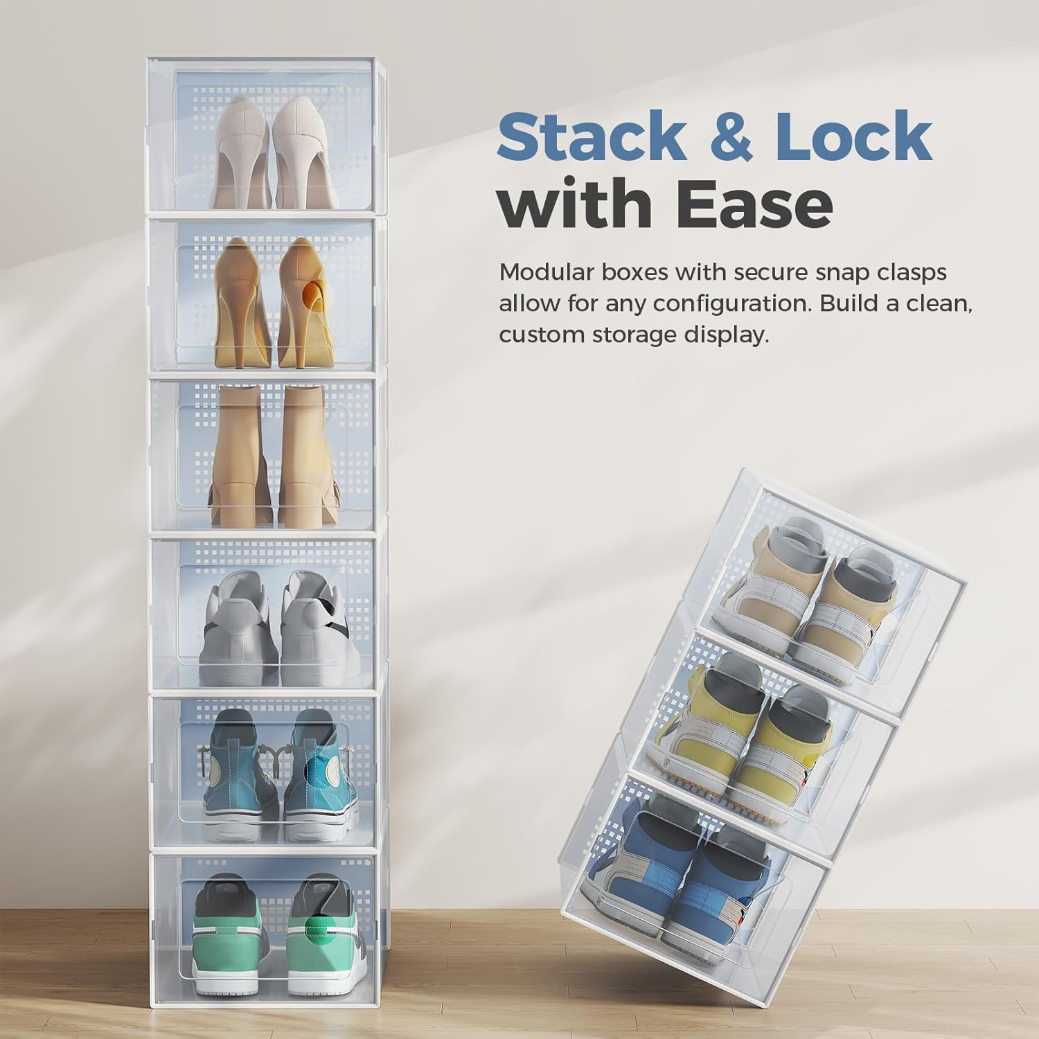 Shoe Storage Boxes, 15-Pack Stackable Clear Shoe Containers with Lids, Display Sneaker Case Organizer for Closet, Under Bed, Entryway,White (Fit Size 9)