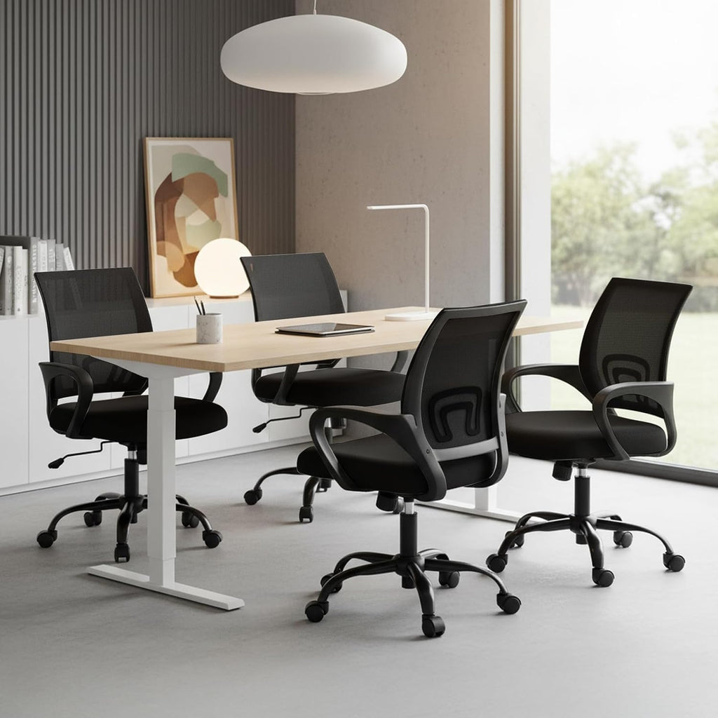 Office Desk Chair - Ergonomic Mid Back with Lumbar Support & Rocking Mode, Height Adjustable with Fixed Armrest, Storage Back for Computer, Gaming, Conference, Meeting, 360?? Swivel, Black