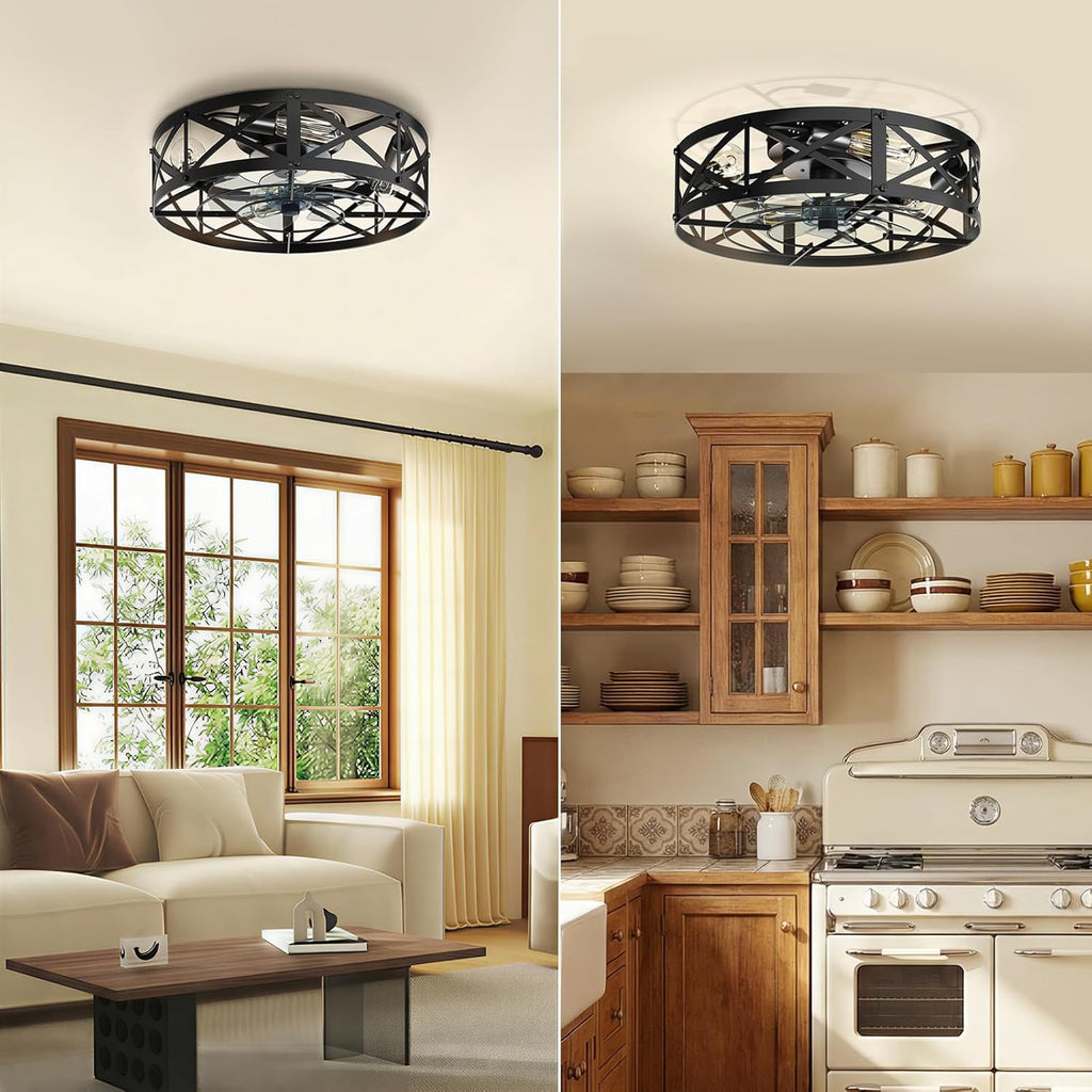 Ceiling Fans with Remote, Farmhouse Ceiling Fan, 19 Inch Low Profile Caged Fandelier, Flush Mount with 6 Wind Speeds, for Bedroom, Kitchen, Living Room, Bulbs Not Included, Black