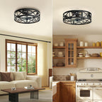 Ceiling Fans with Remote, Farmhouse Ceiling Fan, 19 Inch Low Profile Caged Fandelier, Flush Mount with 6 Wind Speeds, for Bedroom, Kitchen, Living Room, Bulbs Not Included, Black