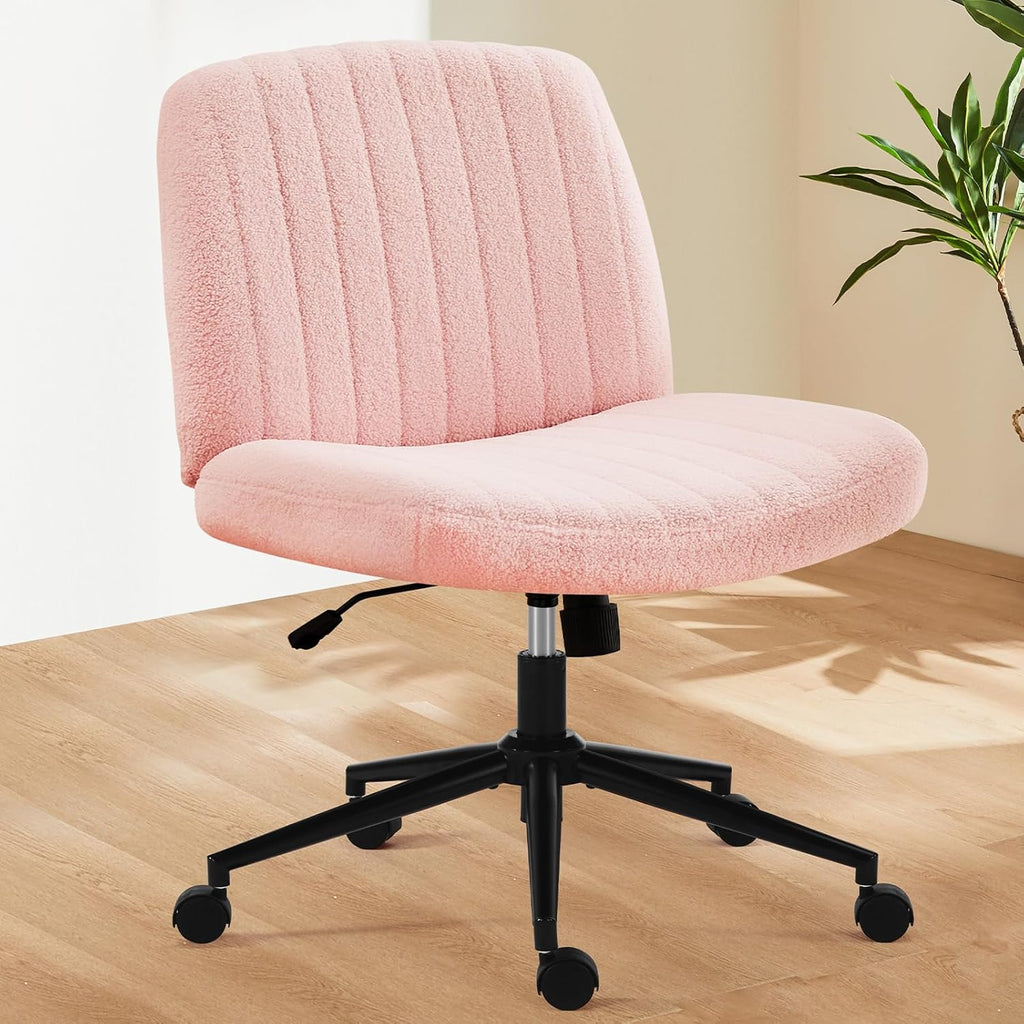 NEWBULIG Armless Office Desk Chair,Criss Cross Legged and Wide Padded Seat with Wheels, Adjustable Height and Tilted Angles,Swivel Rolling Task Vanity Chair for Bedroom,Peach Pink