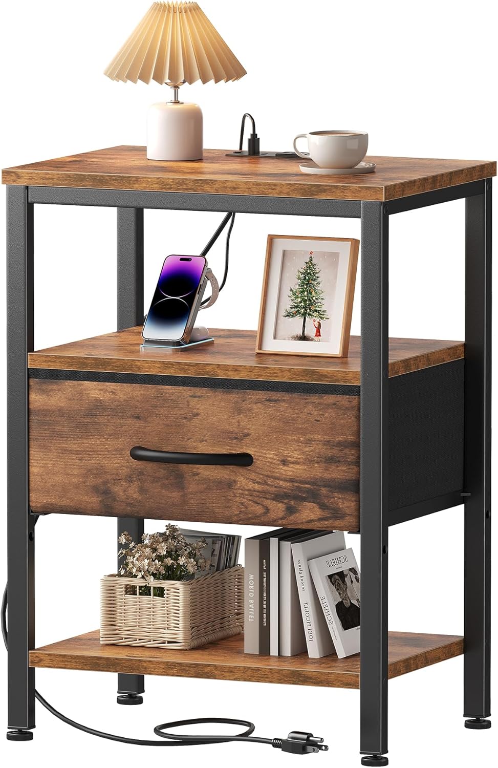 Nightstand with Charging Station, 3-Drawer Bedside Table with USB Ports & Type-C, Bedroom Night Stand with Fabric Drawers and Open Shelf, Tall Narrow End Table for Small Bedroom, Rustic Brown