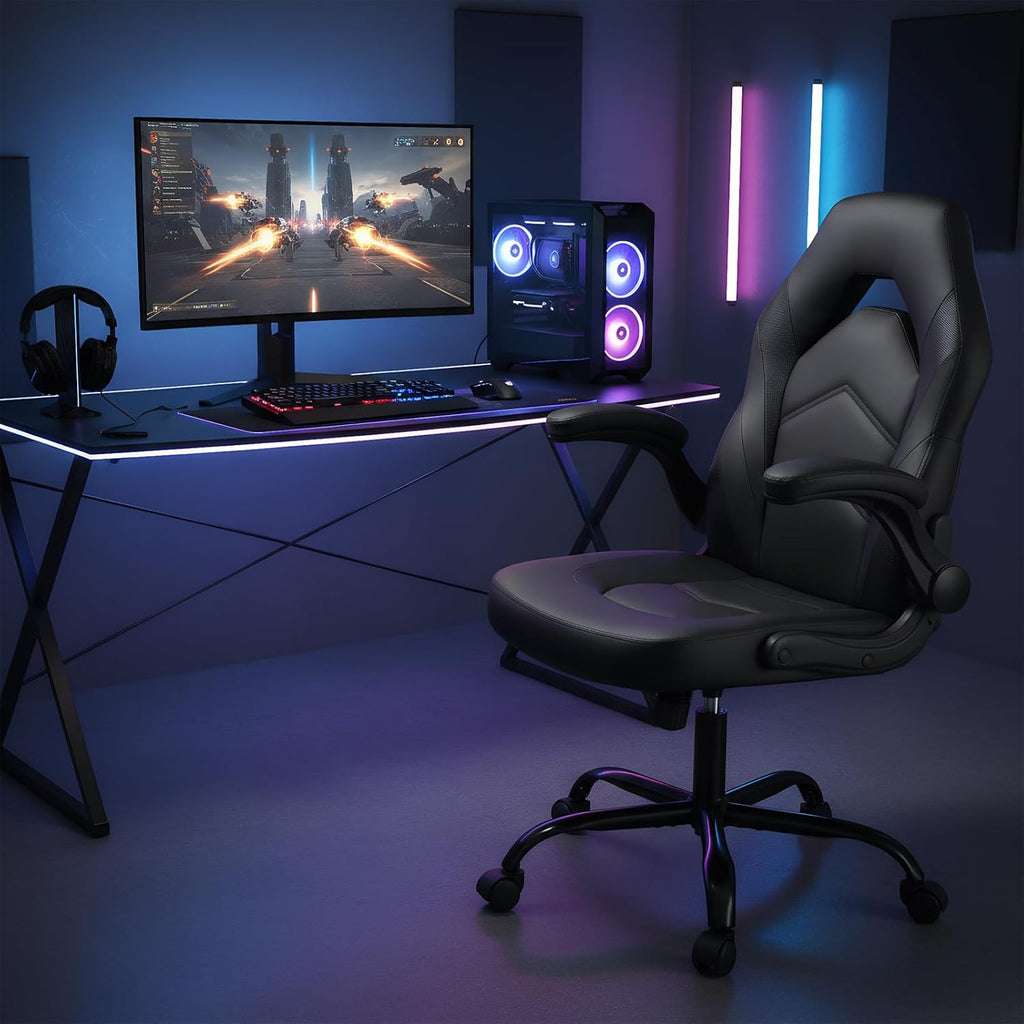 Computer Gaming Desk Chair - Big Tall Ergonomic Lumbar Support with Flip-up Armrest and 360?? Swivel Wheels, PU Leather Height Adjustable, for Home and Office, Black
