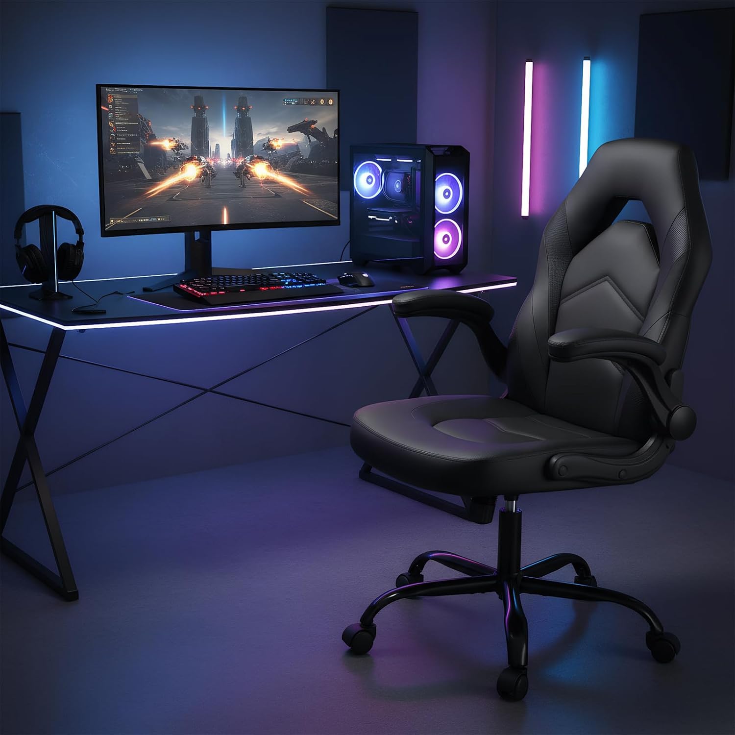 Computer Gaming Desk Chair - Big Tall Ergonomic Lumbar Support with Flip-up Armrest and 360?? Swivel Wheels, PU Leather Height Adjustable, for Home and Office, Black