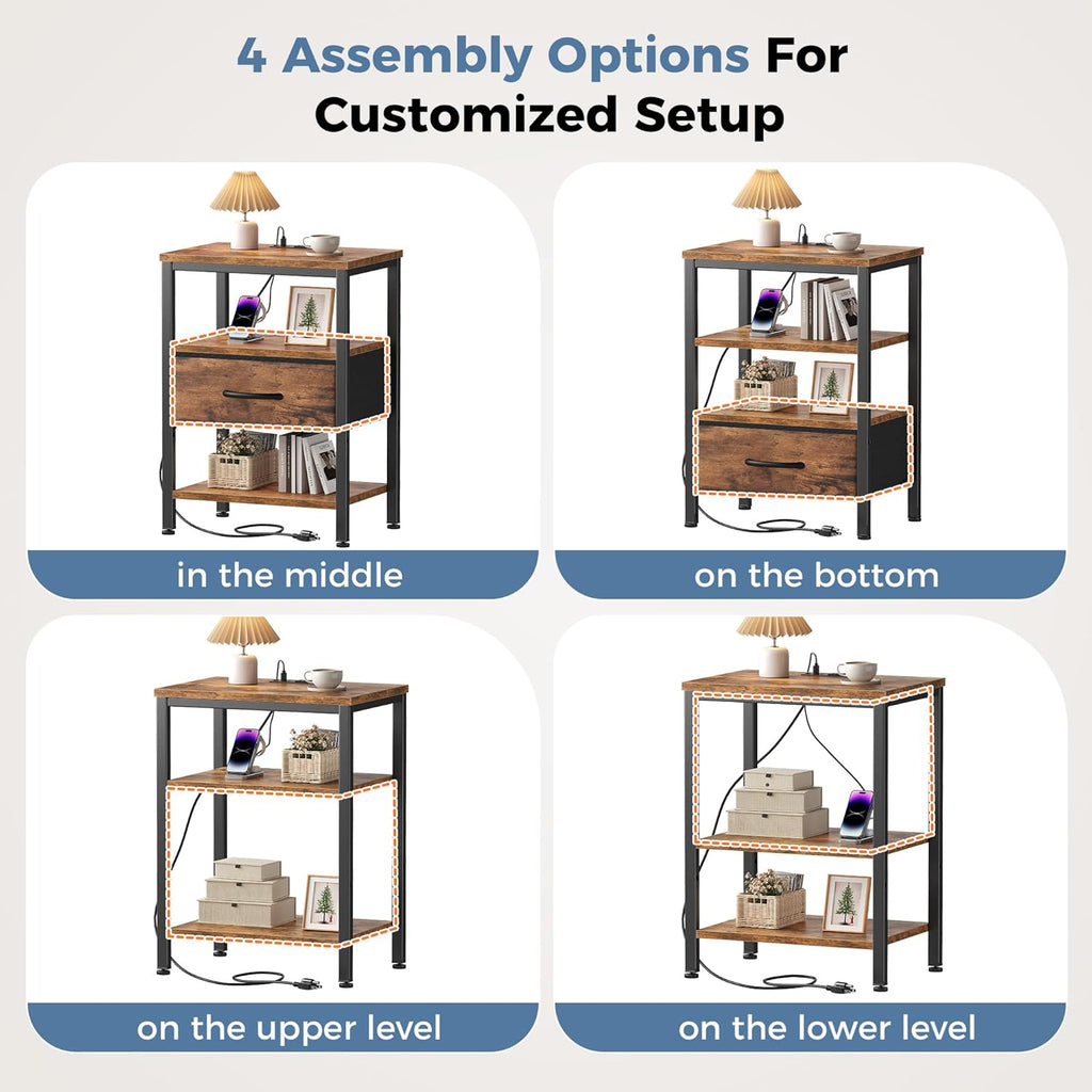 Nightstands Set of 2 with Charging Station, Bedside Table with USB Ports & Type-C, 2 Fabric Drawers Night Stand with Open Shelf, Compact End Table for Bedroom, Rustic Brown