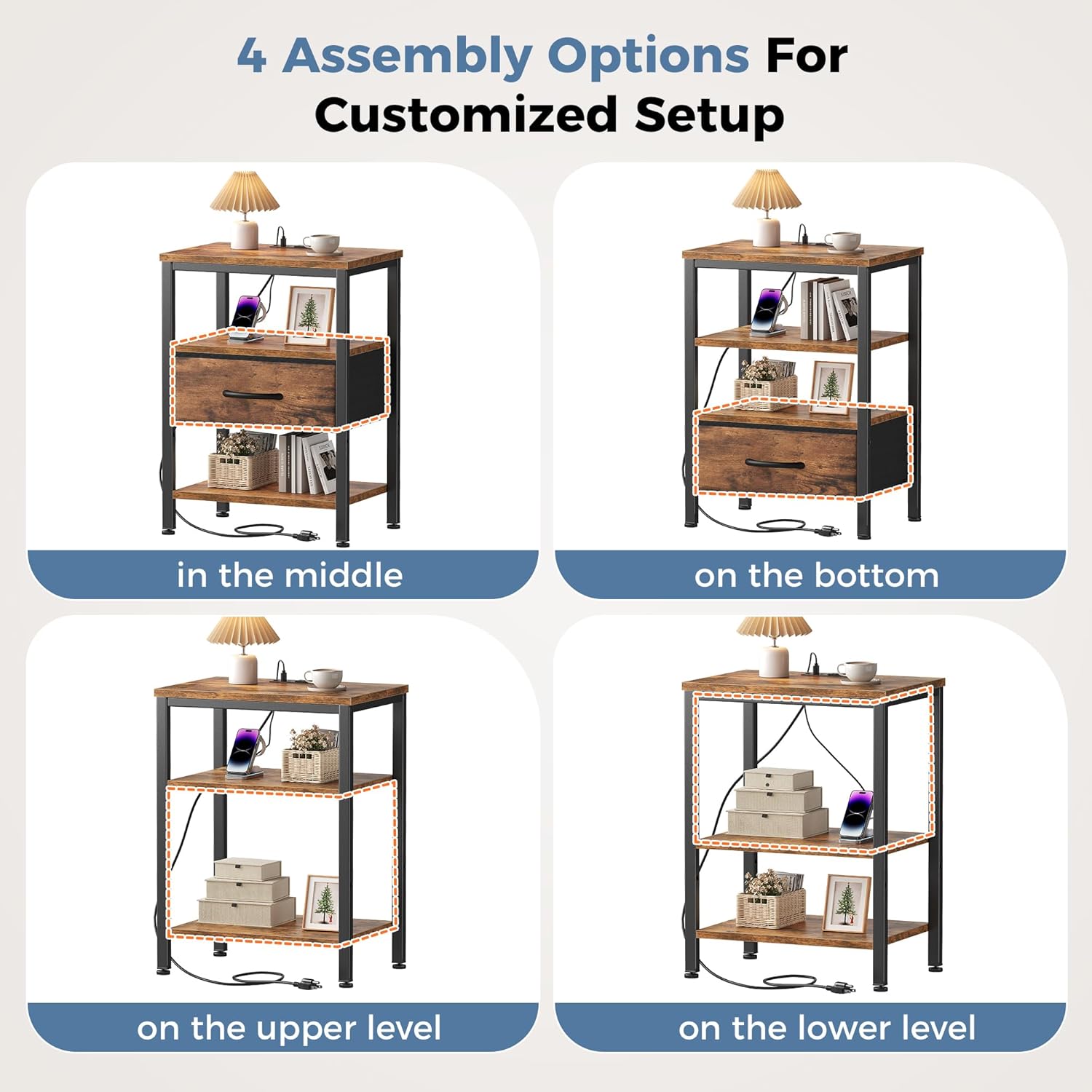 Nightstands Set of 2 with Charging Station, Bedside Table with USB Ports & Type-C, 2 Fabric Drawers Night Stand with Open Shelf, Compact End Table for Bedroom, Rustic Brown
