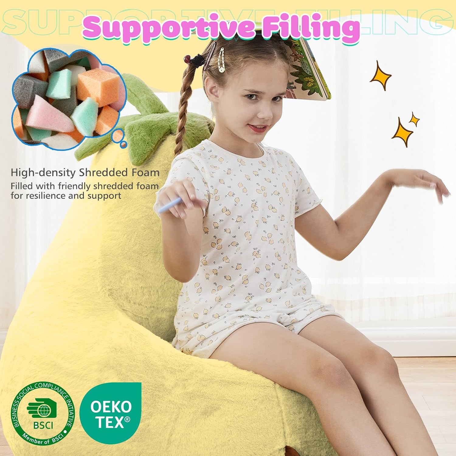 Kids Bean Bag Chair, Stuffed Toddler Couch with Faux Rabbit Fur Cover for Teens & Kids, Comfy Lazy Sofa Chair for Reader, Living Room, Bedroom, Aged 4-12 Years, 24 Inch, Yellow