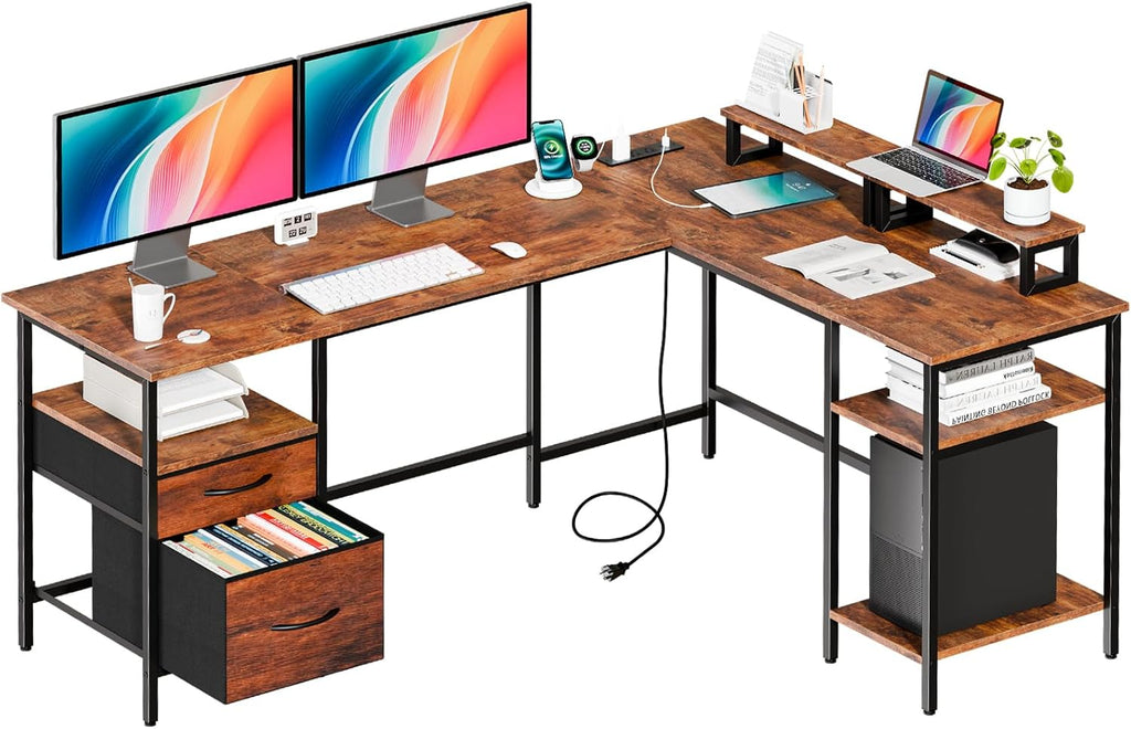 62 Inch L Shaped Gaming Desk with Charging Station & 2 Monitor Stands, Computer Desk with Drawer & Adjustable Storage Shelves, Large Corner Desk for Home Office, White