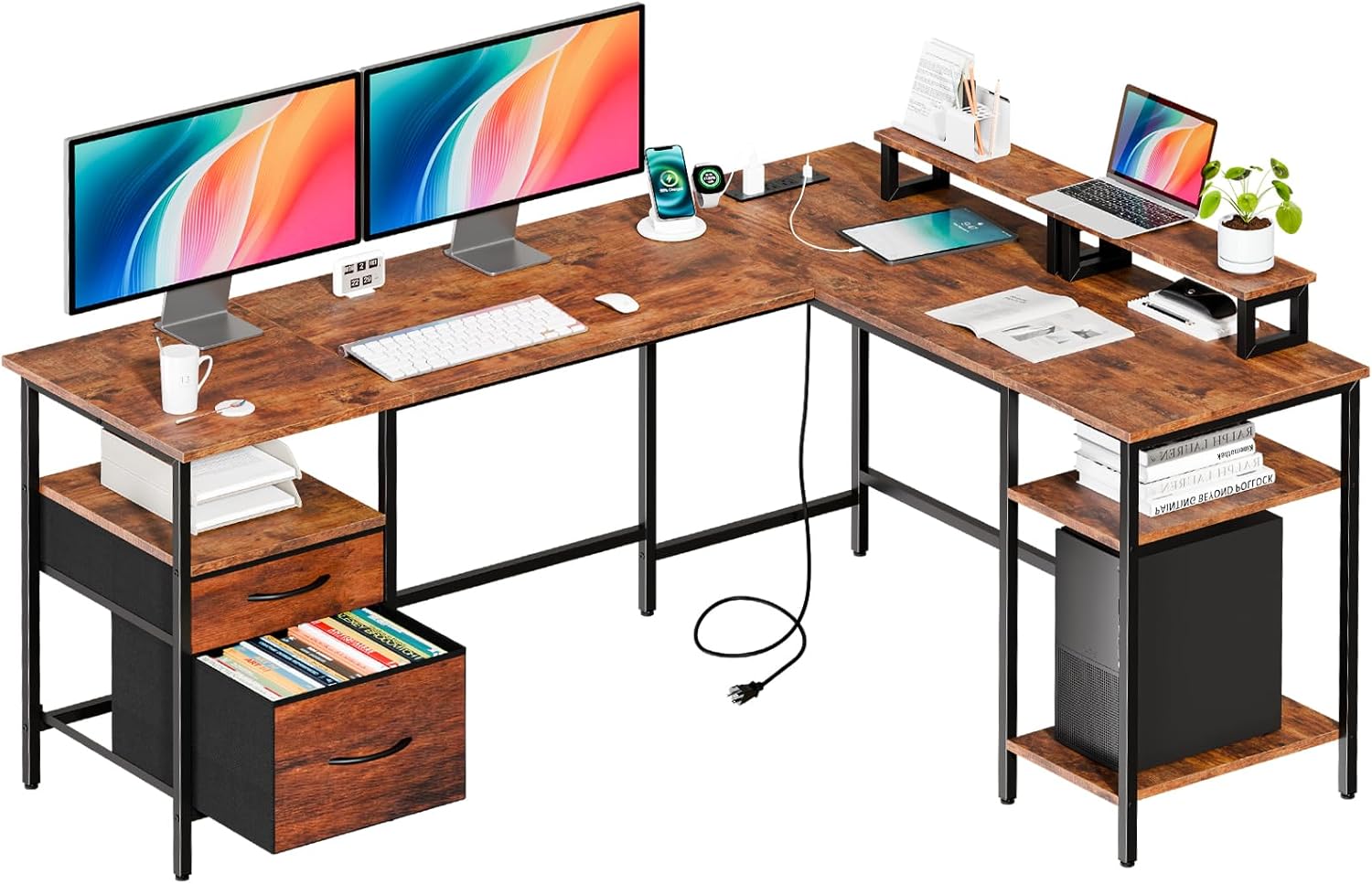 L Shaped Gaming Desk with Charging Station & 2 Monitor Stands, Computer Desk with Drawer & Adjustable Storage Shelves, Large Corner Desk for Home Office, 62 Inch Rust Wood