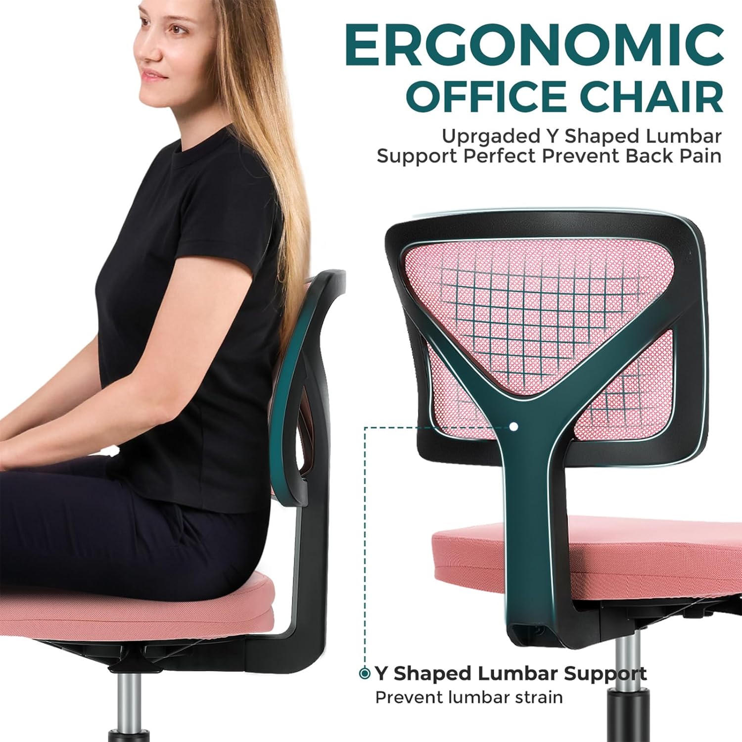 Small Office Chair Armless, Ergonomic Adjustable Home Office Swivel Rolling Task Chair No Arms, Comfy Mesh Mid Back Computer Work Vanity Desk Chiars with Wheels for Small Spaces, Hot Pink