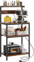 Kitchen Bakers Rack with Power Outlet, Coffee Bar Table 4 Tiers, Microwave Oven Stand Station, Adjustable Storage Shelf Freestanding Appliance Organizer - 23.6 Inch, Rustic Brown