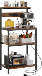 Kitchen Bakers Rack with Power Outlet, Coffee Bar Table 4 Tiers, Microwave Oven Stand Station, Adjustable Storage Shelf Freestanding Appliance Organizer - 23.6 Inch, Rustic Brown