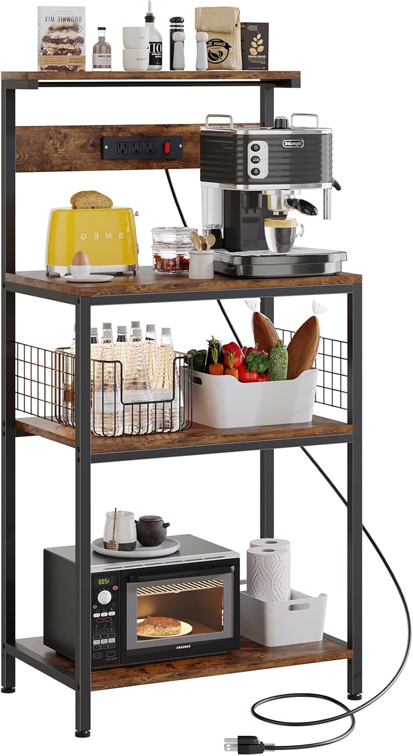 Kitchen Bakers Rack with Power Outlet, Coffee Bar Table 4 Tiers, Microwave Oven Stand Station, Adjustable Storage Shelf Freestanding Appliance Organizer - 23.6 Inch, Rustic Brown